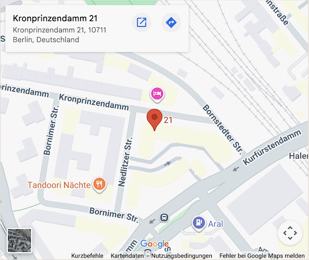 Map showing Tradegate BSX at Kronprinzendamm 21, 10711 Berlin